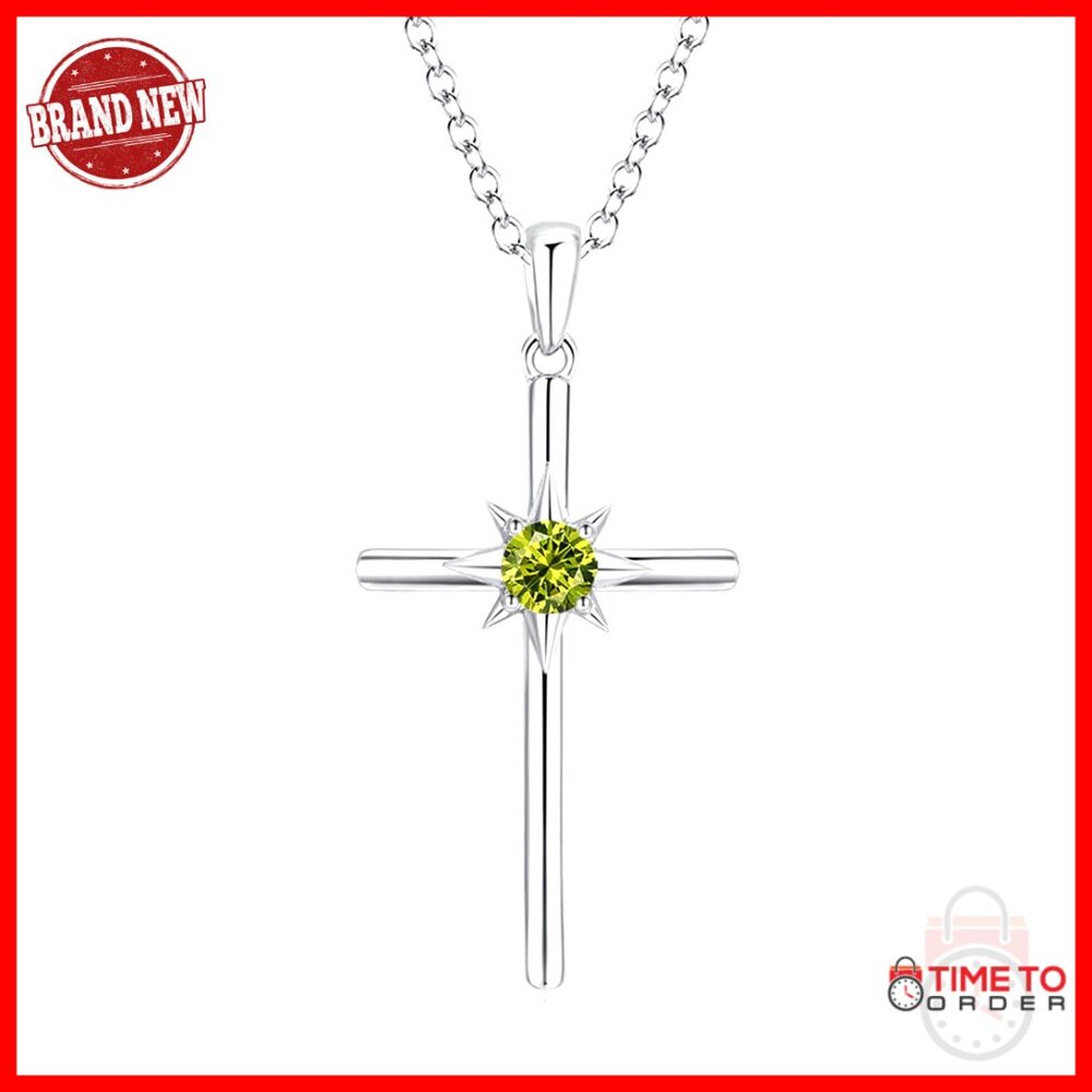 Sterling Silver Cross Pendant Necklace With Created Peridot, Adjustable Chain